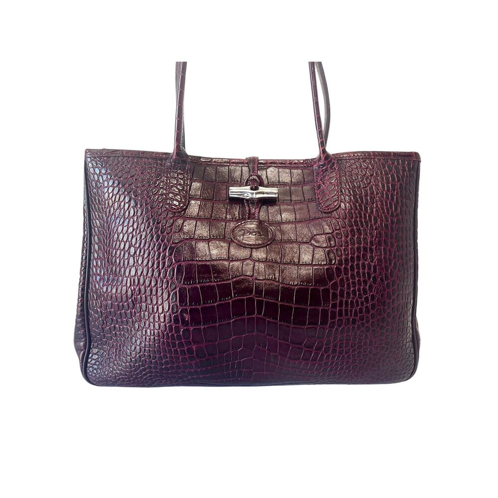 Longchamp Roseau Bordeaux Purple Croc Embossed Leather Tote Bag France